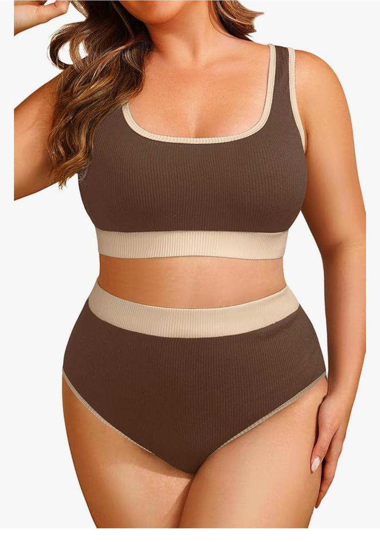 Tempt Me Women Plus Size High Waisted Bikini Set Two Piece Swimsuit Full Coverage Sporty 2 Piece Bathing Suits 20W, Brown