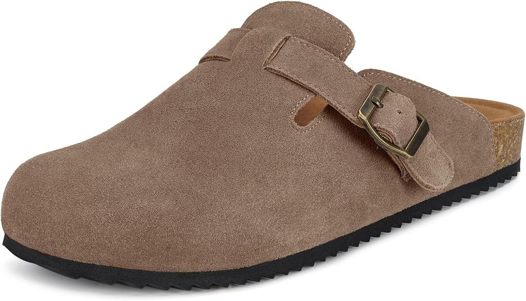 Intini Womens Suede Clogs Mens Leather Mules Cork Footbed Sandals with Arch Support (13 Women/12 Men, Dark Brown)