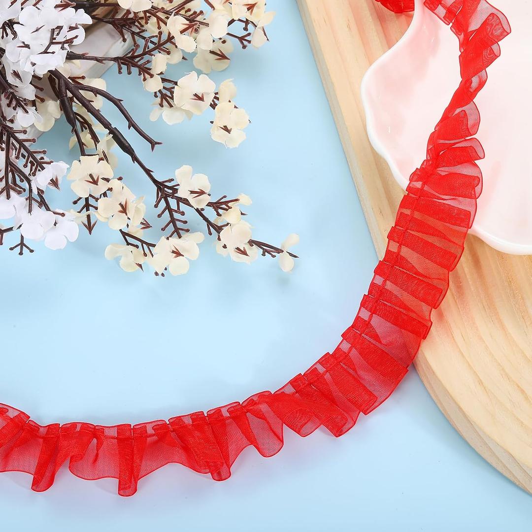 uxcell 11 Yards Ruffle Lace Trim Ribbon, 2.5cm/1" Pleated Organza Lace Edge Trim, Polyester, Red, Classic Rustic Style, Wedding, Special Occasions