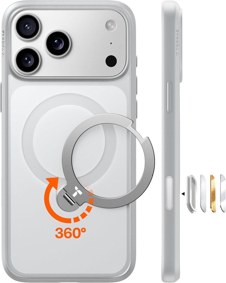 TORRAS Ostand Q3 Spin for iPhone 17 Pro Case with 360 Magnetic Stand, Fit for MagSafe, Builtin Kickstand, 4X MilitaryGrade Shockproof Phone Case for iPhone 17 Pro Translucent Silver, Camera Control