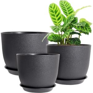 12/10/9 Large Modern Plant Pots, Plastic Planters with Drainage Holes and Saucers for Indoor Outdoor Plants Flowers, Black