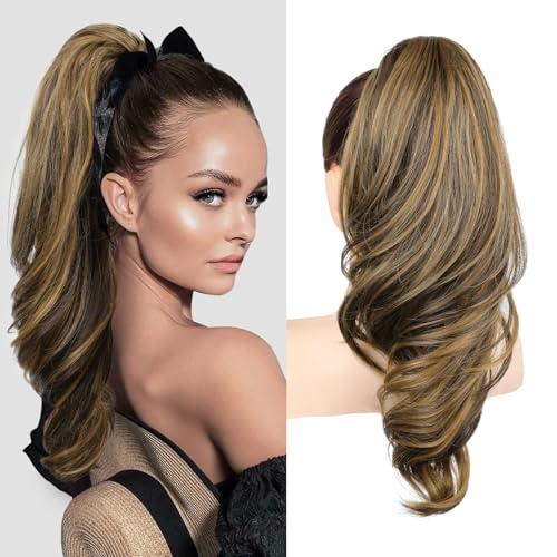 SEIKEA Ponytail Extension, 18" Wavy Claw Clip in Hair Extensions for Women, Lightweight Fluffy Synthetic Ponytail Hairpiece, Natural Soft & Easy to Wear, for Short Brown/Caramel Blonde Highlights