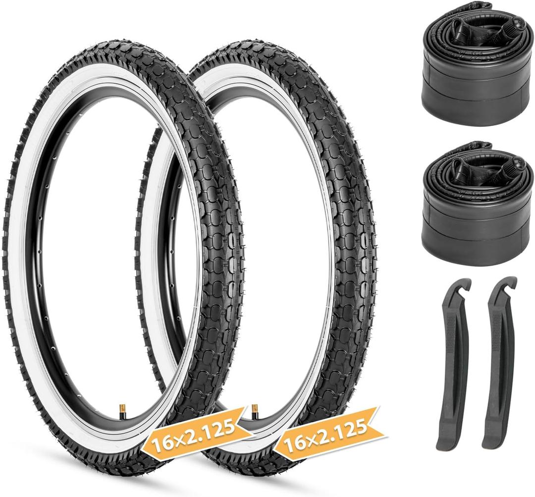 Hycline Kids Bike Replacement Tires Set2-Pack 16/20x2.125 Inch Premium Butyl Rubber Puncture-Resistant Folding Bicycle Tires and 2 Pcs Bike Tubes Schrader Valve with Tire Levers for BMX Urban (White)