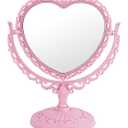 XPXKJ 7 Inch Vintage Heart Mirror - Elegant Desk Makeup Mirror with Double Sided 360 Degree Rotation Vanity Mirror for Coquette Room Decor (Pink)