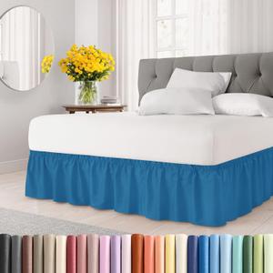 Wrap Around Dust Ruffle Bed Skirt - Denim Blue - for Queen Size Beds with 18 Inch Drop - Elastic Strap - Adjustable Pleated Bedskirt with Brushed Fabric and Wrinkle Free - For Women, Men, Kids & Teens