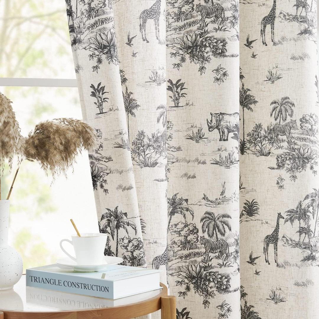 jinchan Linen Toile Curtains Botanical Floral Curtain 96 Inches Long for Living Room Toile de Jouy French Country Farmhouse Curtains Grommet Top Light Filtering Window Drapes 2 Panels Black on Beige