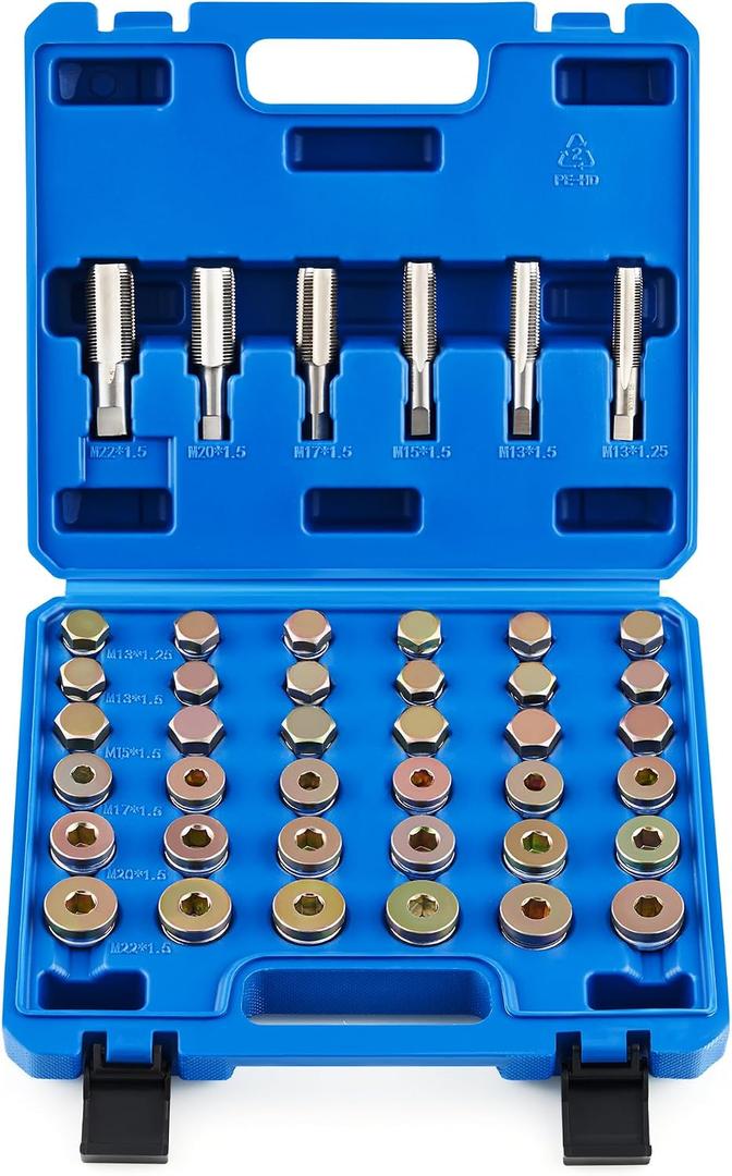 Orion Motor Tech 150pc Oil Drain Plug Repair Kit in M13 M15 M17 M20 M22 Sizes, Metric Oil Drain Pan Thread Repair Kit with Crush Washers Thread Taps Drain Plugs and Carry Case, Rethreading Tools