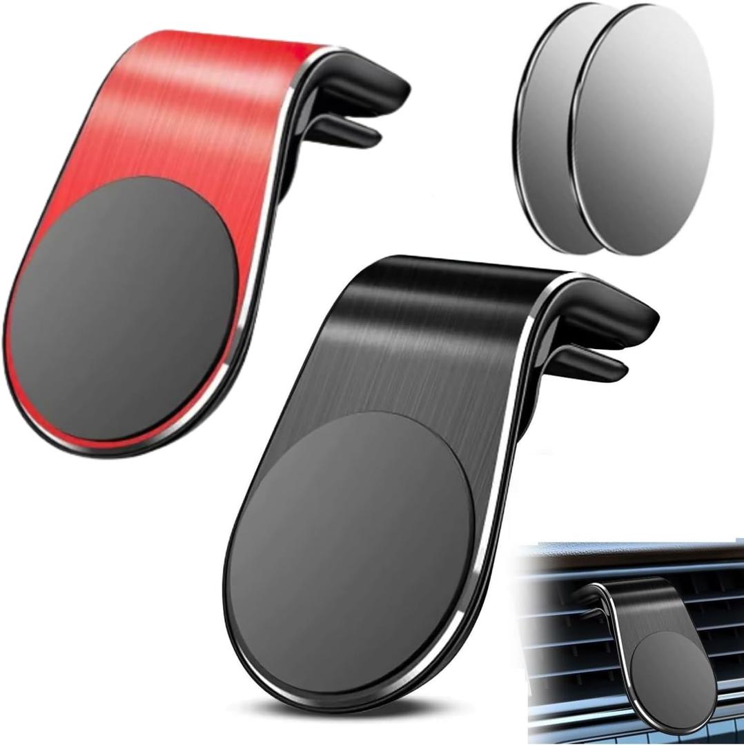 2-Pack Strong Magnetic Car Phone Holder - 360 Rotatable L-Shape Air Vent/Dashboard Mount for iPhone, Samsung, Huawei - Super Sticky Magnet, (Black + Red)