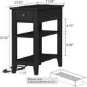 ChooChoo Narrow End Table with Charging Station, Side Table Living Room with USB Ports & Power Outlets and Hidden Drawer, 3-Tier Skinny Nightstand with 2 Open Storage Shelves for Small Place (Black), 11.22"D x 23.62"W x 24.02"H