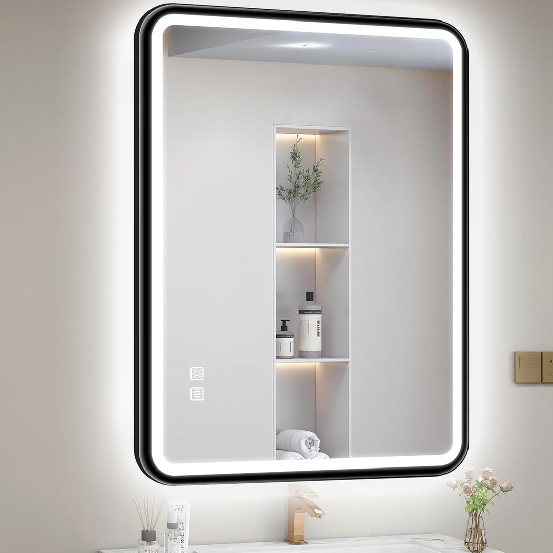 S'bagno 32X24 Black LED Mirror for Bathroom with Frontlit & Backlit, LED Bathroom Mirror with Metal Frame, Anti-Fog, Stepless Dimmable, 3 Colors Temperature LED Vanity Mirror(Horizontal/Vertical)
