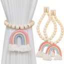 2 Pieces Wooden Beaded Curtain Tiebacks, Tassel Curtain Buckles Magnetic Curtain Buckles, Rainbow Tassel Curtain Tiebacks No Punch Decoration (Pink)