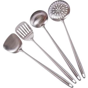 17 Wok Spatula and Ladle, Skimmer Spoon, Slotted Spatula - 304 Stainless Steel Kitchen Utensils Set, 4-Pieces Extra Long Handle Cooking Tools, All Metal Chinese Wok Utensils and Wok Accessories