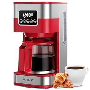 SHARDOR 10-Cup Programmable Coffee Maker, Regular & Strong Brew Drip Coffee Machine for Home and Office, Auto Shut Off, Permanent Filter (red)