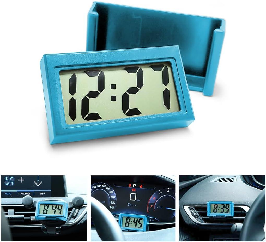 Mini Digital Clock for Car Dashboard, Battery Operated & Clear LCD Screen Time Display, Small Digital Clock with Self-Adhesive Bracket (Blue)