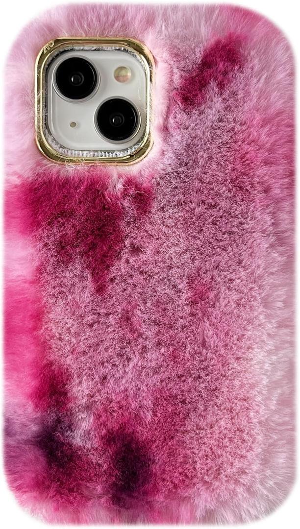 Caseative for iPhone 13 Case,Colorful Fluffy Fuzzy Furry Warm Plush Phone Case (Pink,13)