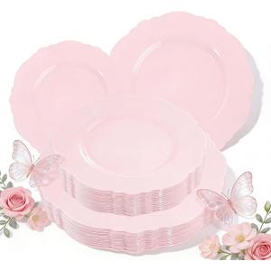 WDF 60pcs Pink Plastic Plates - Baroque Pink Disposable Plates Including 30 Dinner Plates 10.25inch, 30 Dessert Plates 7.5inch for Upscale Wedding/Baby Shower/Spring/Mother's Day