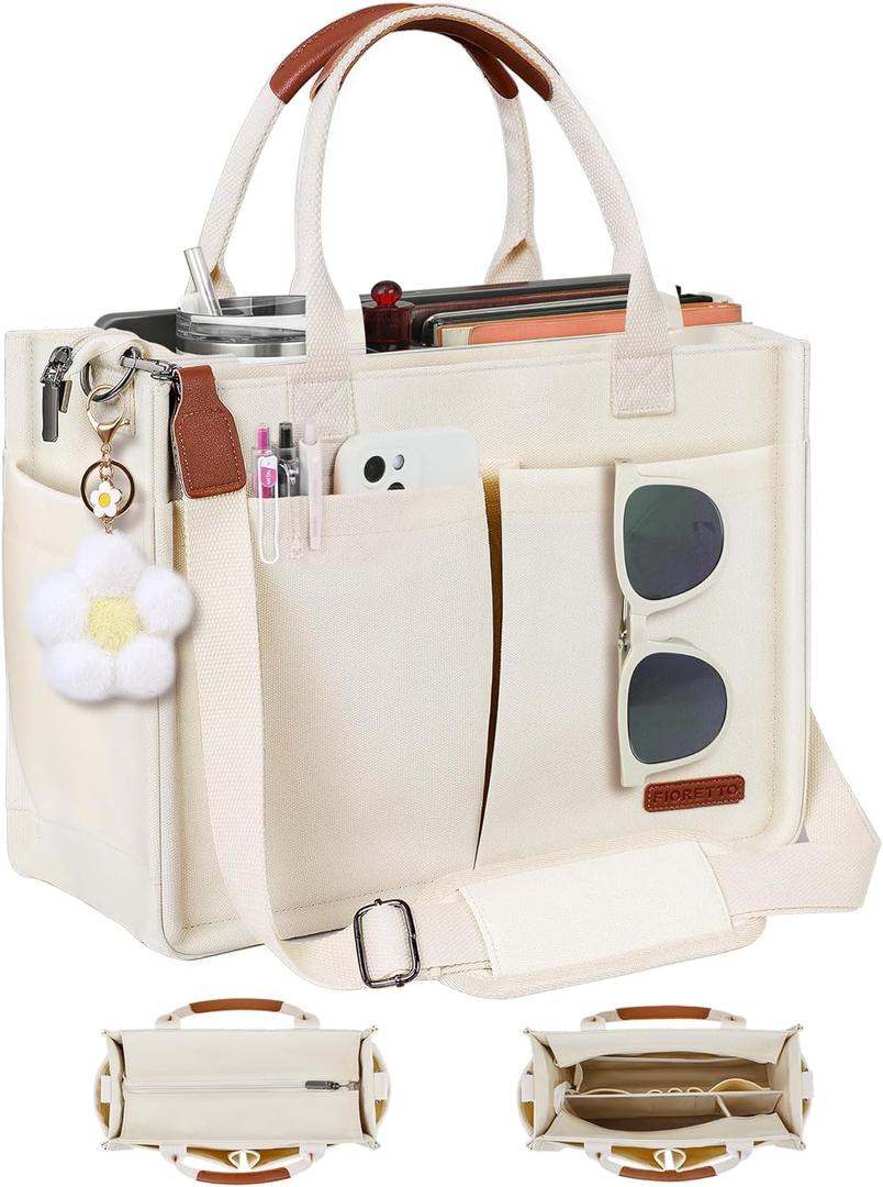 FIORETTO Womens Canvas Tote Bag Purse with Individual Compartment, Zipper Top, Reinforced Bottom & Luggage Sleeve, Ivory White
