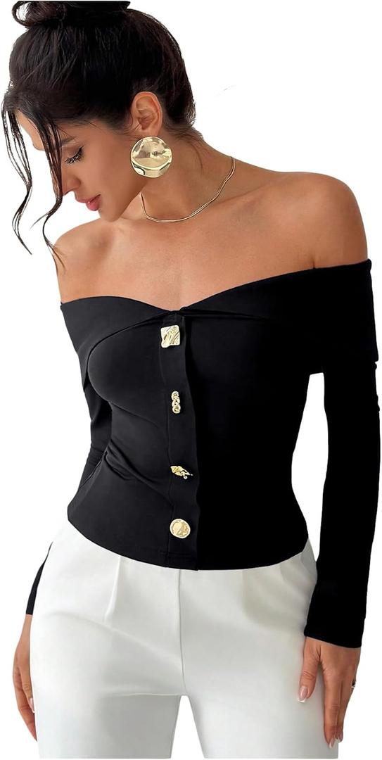 WDIRARA Women's Off The Shoulder T Shirts Metal Button Long Sleeve Tee Going Out Top (Black), XL