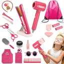 23 Pcs Hair Salon Girls Toys Kids Pretend Play Toys Toddler Dress Up Beauty Salon Set Stylist Kit with Hairdryer Flat Apron Scissors Curling Accessories Girl Gifts (with Storage Bag) (Pink)