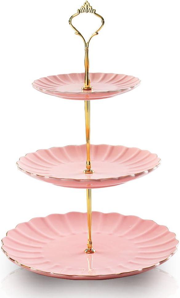 Sweejar 3 Tier Ceramic Cake Stand Wedding, Dessert Cupcake Stand for Tea Party Serving Platter (Pink)