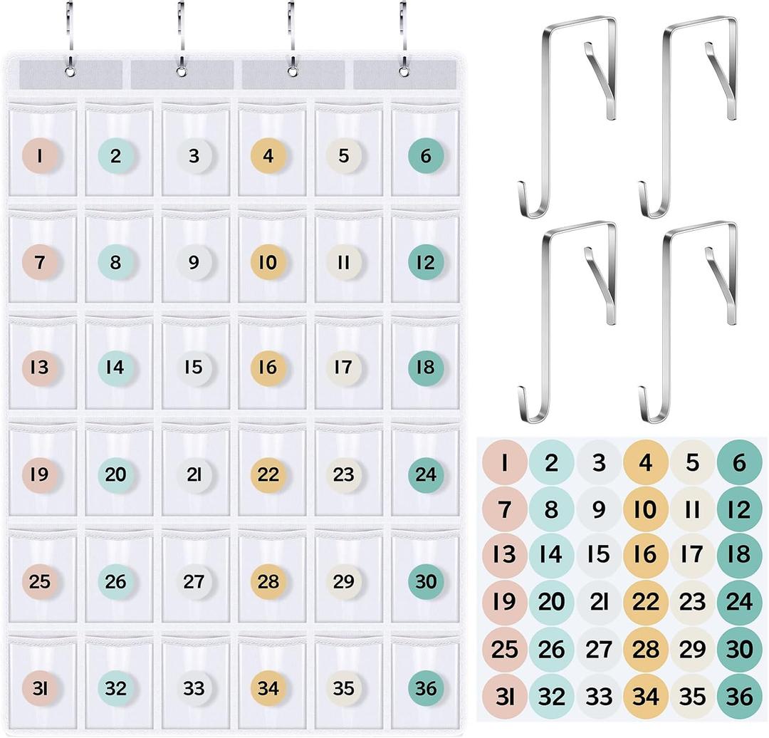 36 Pocket Chart for Cell Phones Calculator Holder Organizer with 36 Number Stickers and 4 Hooks for Calculator Clear Classroom Pocket Chart for Cell Phones(Boho)