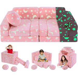 13 PCS Kids Play Couch, Modular Glowing Kids Toddler Couches, Kid Play Couch Sofa for Playroom and Bedroom (Pink)