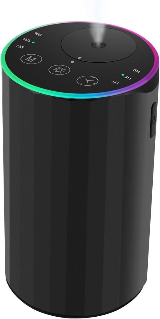 Waterless Essential Oil Diffuser, 7 Colors LED Light, Battery Powered Mini Scent Air Machine, Aromatherapy Mist Diffuser for Home Room Car OfficeBlack Aluminum Alloy