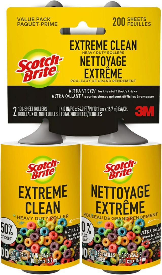 ScotchBrite Extreme Clean Lint Roller, 50% Stickier*, Heavy Duty for Removing Debris and Pet Hair on Clothes, Furniture, Cars, Offices & More, 2 Pack, 200 Adhesive Sheets Total