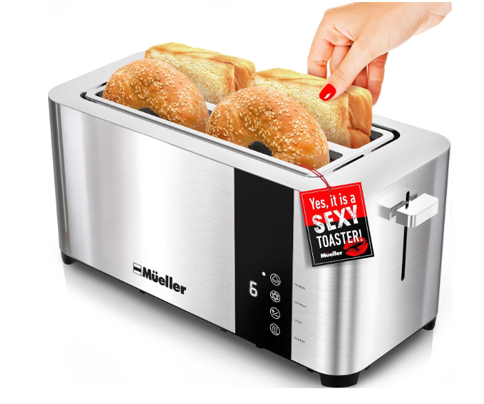 Mueller UltraToast Stainless Steel Toaster 4 Slice – Extra-Wide 1.6" Slots
For Artisan Bread, Bagels & Frozen Waffles, 6 Browning Levels, LED Display, Cancel/Defrost/Reheat, Removable Crumb Tray