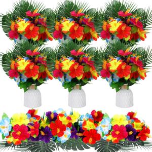 Hotop 30 Pcs Hawaiian Flower Centerpieces for Tables with Artificial Hibiscus Flowers and Artificial Palm Leaves Hawaiian Party Decorations Fake Tropical Flowers for Wedding Birthday Supplies