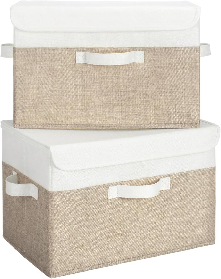 GRANNY SAYS Storage Bins with Lids, Decorative Storage Boxes, Clothes Stoarge Bins, Shelf Baskets, Closet Storage Bins for Clothing, Collapsible Storage and Organization, 2-Pack (White/Khaki)