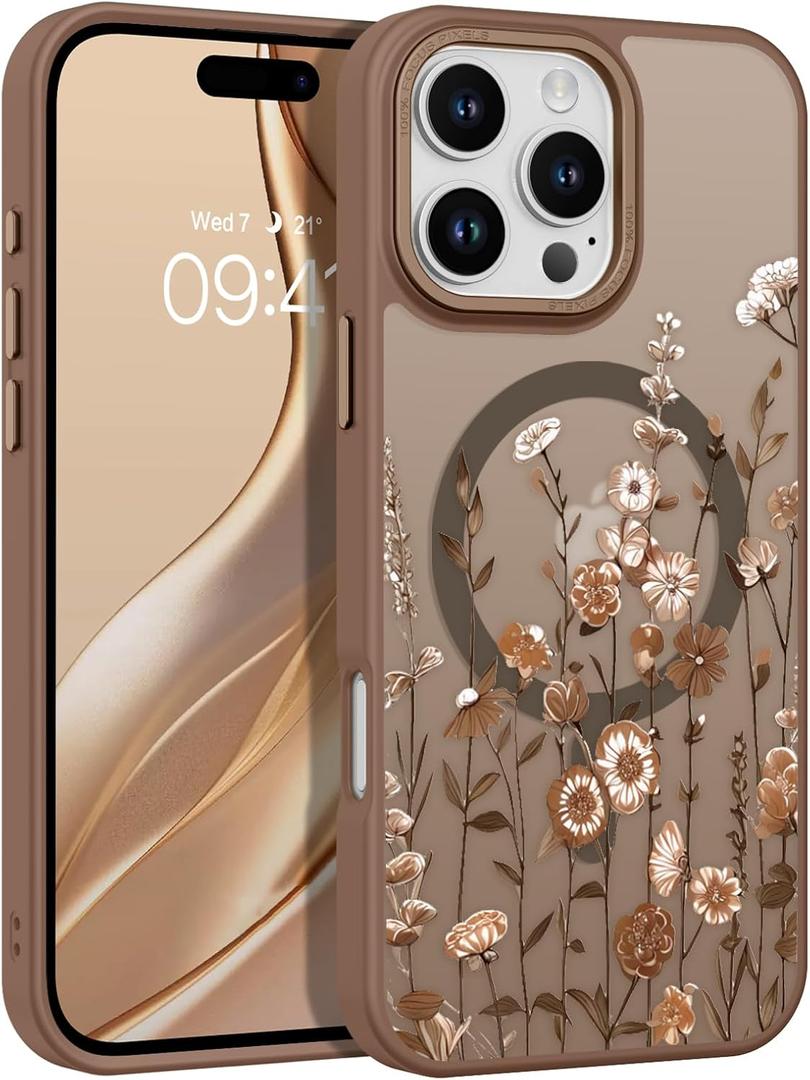 DOMAVER for iPhone 15 Pro Case, Magnetic Phone Case for iPhone 15 Pro [Compatible with MagSafe] Slim Fit Flowers Floral Design Shockproof Protective Bumper Women Men Girls Cover- Brown
