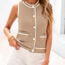 PRETTYGARDEN Vest For Women 2025 Summer Casual Button Down Color Block Sweater Vest Ribbed Knit Tank Tops With Pockets (Beige, M)