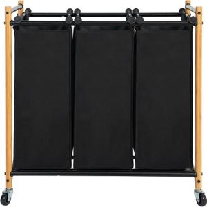 Laundry Sorter Hamper with Wheels, Heavy-Duty Laundry Basket Sorter Rolling Cart with Lockable Wheels and Removable Bags, Laundry Cart 3 Sections, Bamboo
