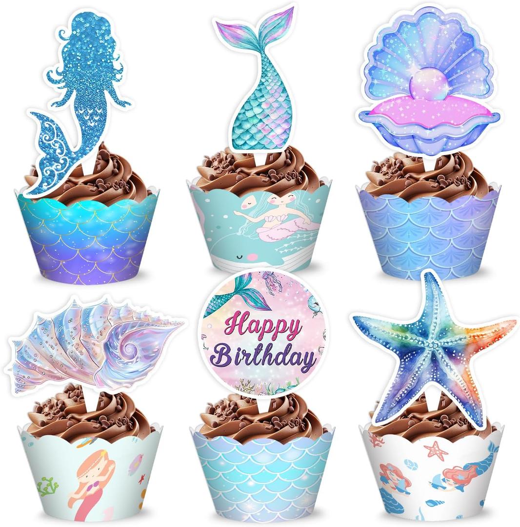48PCS Mermaid Themed Birthday Party Decorations | 24PCS Cupcake Toppers & 24PCS Cupcake Wrappers Party Favors Supplies Tail Under The Sea Centerpiece Table Gifts for Boys Girls Carnival Prizes