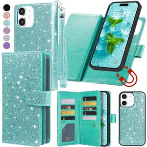 Varikke for iPhone 11 Wallet Case Detachable with 9-Card Holder for Women, Fashion Glitter PU Leather Wrist Strap Strong Magnetic Flip Wallet Removable Phone Case Cover for iPhone 11 6.1", Mint Green