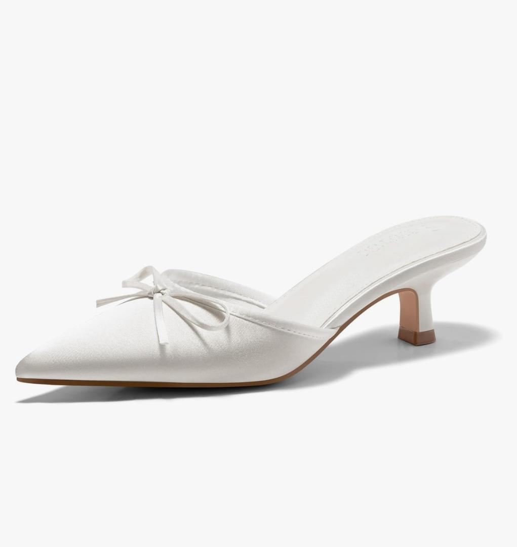 Coutgo Womens Kitten Heels Mules with Bow Satin Slip on Pumps Closed Pointed Toe Dress Wedding Party Shoes 6.5