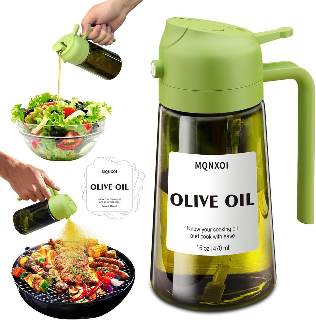 Oil Sprayer for Cooking, 2 in 1 Olive Oil Dispenser Bottle for Kitchen, 16oz/470ml Premium Glass, Food-grade Oil Mister for Air Fryer, Salad, Frying, BBQ (Green + Dark Green Bottle)