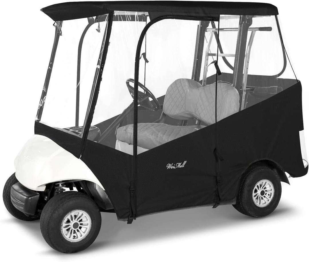Golf Cart Enclosure 2 Passenger for Yamaha G29 Drive 2 600D Waterproof Windproof Driving Rain Cover Fit 2-Seater Short Roof with 4-Sided Clear Windows Mirror Openings Roll-up Zipper Door Black