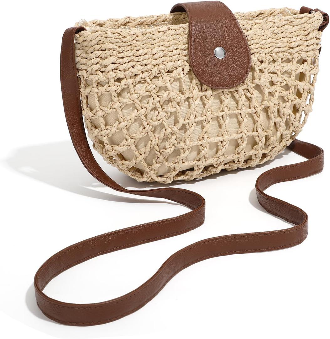 Straw Bag Beach Purse Summer Purses for Women Vacation Handbags Woven Crossbody Bags Straw Shoulder Bag (Beige)