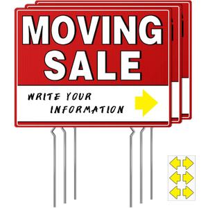 Moving Sale Signs (3 Pack), 17" x 13" Large Double-Sided Yard Signs with Metal Stakes, Estate & Property Sale Directional Arrows, Weather-Proof