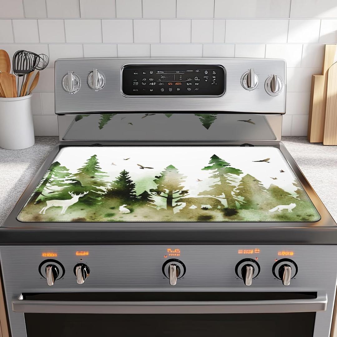 Stove Top Cover for Electric Stove,Green Misty Forest Bears Extra Thick Rubber Stovetop Protector Mat, Heat Resistant Glass Cooktop Oven Cover 28.5'' x 20.5''