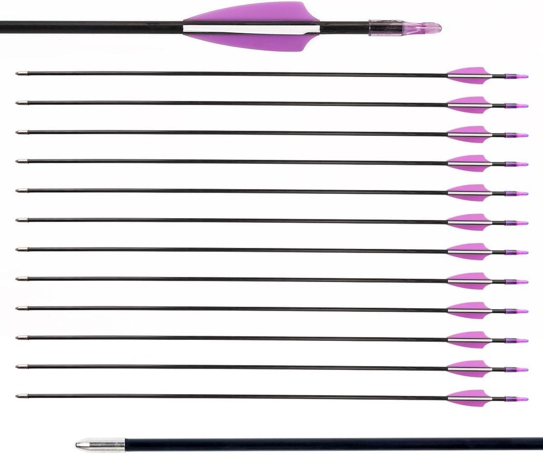 LWANO 28" Fiberglass Arrows - Archery Practice Target Arrows with Blunt Tips Durable Shaft for Youth Kids Children Beginners on Recurve & Long Bows (Pack of 12) (Purple)