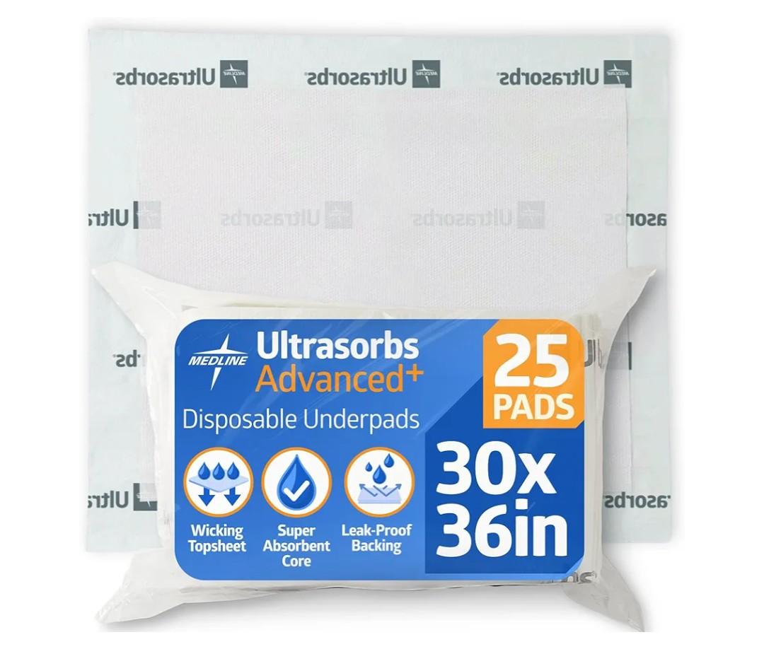 Medline Ultra sorbs Dry pads, 30" x 36", 25 Count, Super Absorbent Disposable Bed Pads, Large Incontinence Bed Pads, Chucks Protective Under pads, 10 Times More Absorbent, For Adults, Elderly