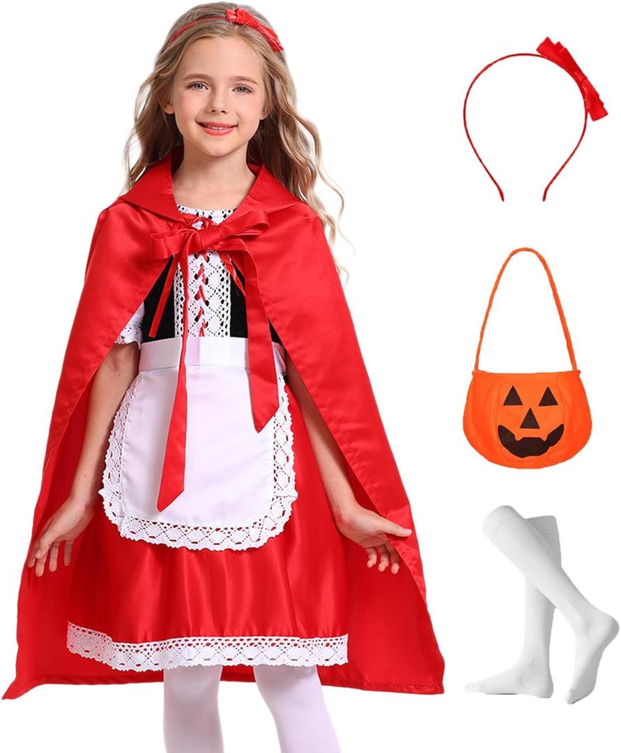 Mosong Little Red Riding Hood Costume for Girls Kids Halloween Fairytail Storybook Character Cosplay Dress Hooded Cloak 3-13 Years