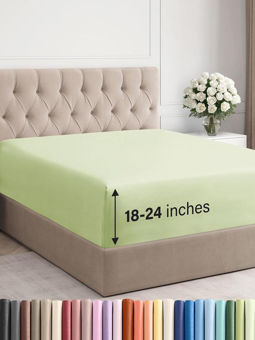 Extra Deep Twin XL Fitted Sheet - Hotel Luxury Single Fitted Sheet Only - Easily Fits 18 to 24 inch Mattress - Ultra Soft, Wrinkle Free with Extra Deep Pockets - Breathable & Comfy - Light Sage Green
