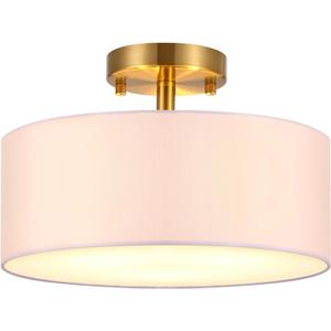 15 Inch Drum Light, Semi-Flush Mount Ceiling Light Fixture White Fabric Drum Shade and Gold Plating Finish, Ceiling lamp for Bedroom, Dining Room, Corridor, Living Room