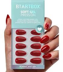 BTArtbox Press On Nails Almond - Pastel Red Short Press On Nails with Glue for Women, Opaque Soft Gel Glue On Nails in 16 Sizes - 32 Stick On Nails Kit, Power Suit