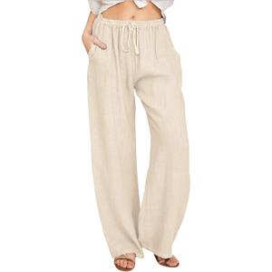 CHARTOU Women's Summer Drawstring Waist Wide Leg Loose Cotton Linen Palazzo Pants (Beige, XL)