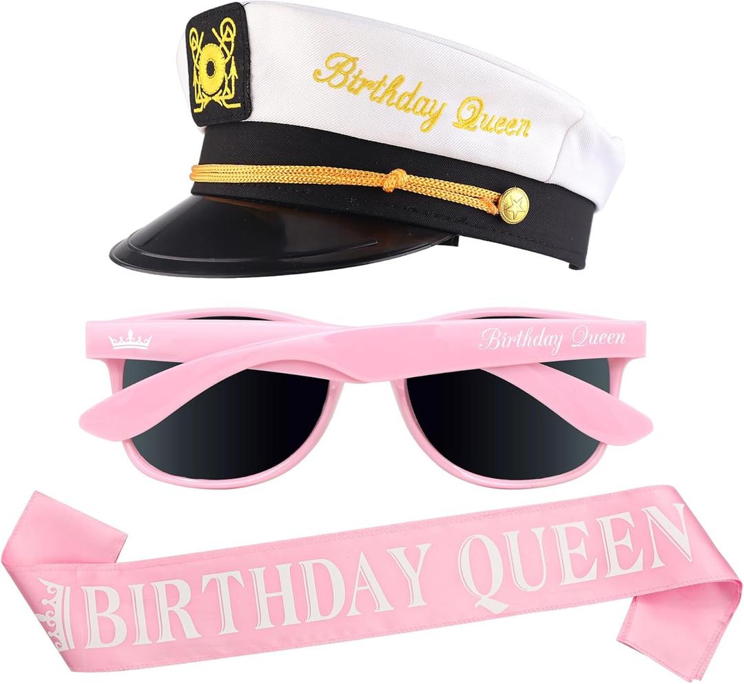 Brosash Birthday Queen Captain's Hat, Sunglasses, Pink Sash Set - Bday Party Photo Prop Accessories | Gift Ideas Celebration Accessory Embroidered Birthday Costume Hats Womens Photoshoot Gifts